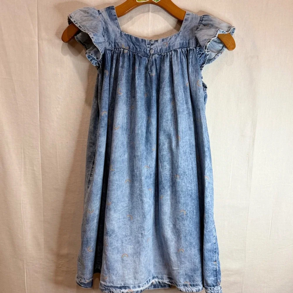 Tucker +Tate Girls Blue Acid Wash Denim Rainbow Embroidered Flutter Sleeve Dress - Picture 3 of 6